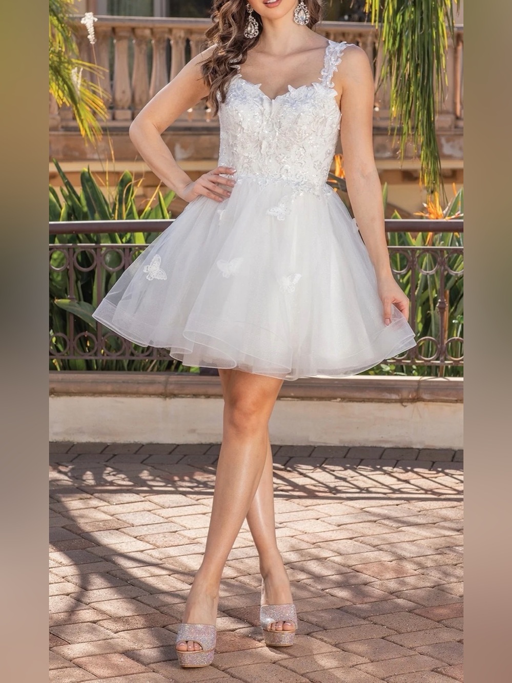 White Embroidered-Lace Short Babydoll Hoco Dress Lace Appliqué Tulle Mini Dress